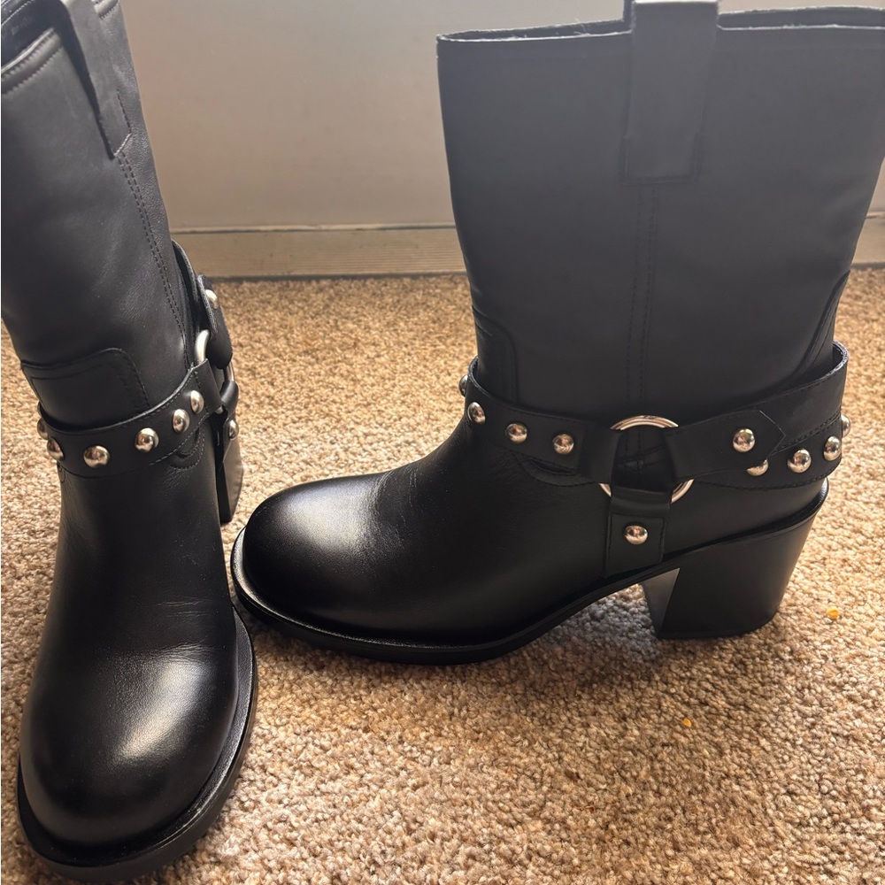 Black Studded Mid-Calf Block Heel Boots - Women